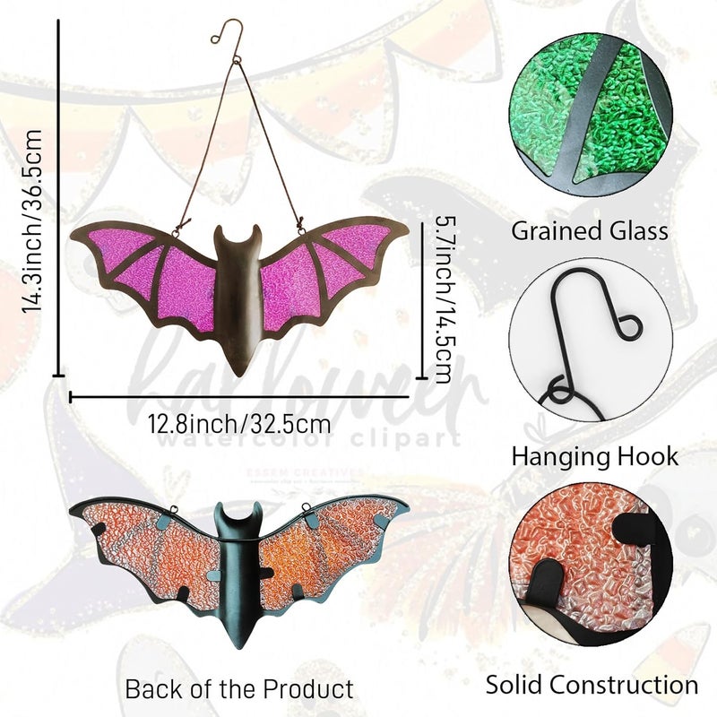 Senflame Halloween Bat Decoration​ - 3 Pack Metal & Glass Outdoor/Indoor Bat Decor with 13"x5.7" Realistic Bats in Green, Purple, Orange for Garden, Yard, Wall - Waterproof Scary Party Supplies - Image 3